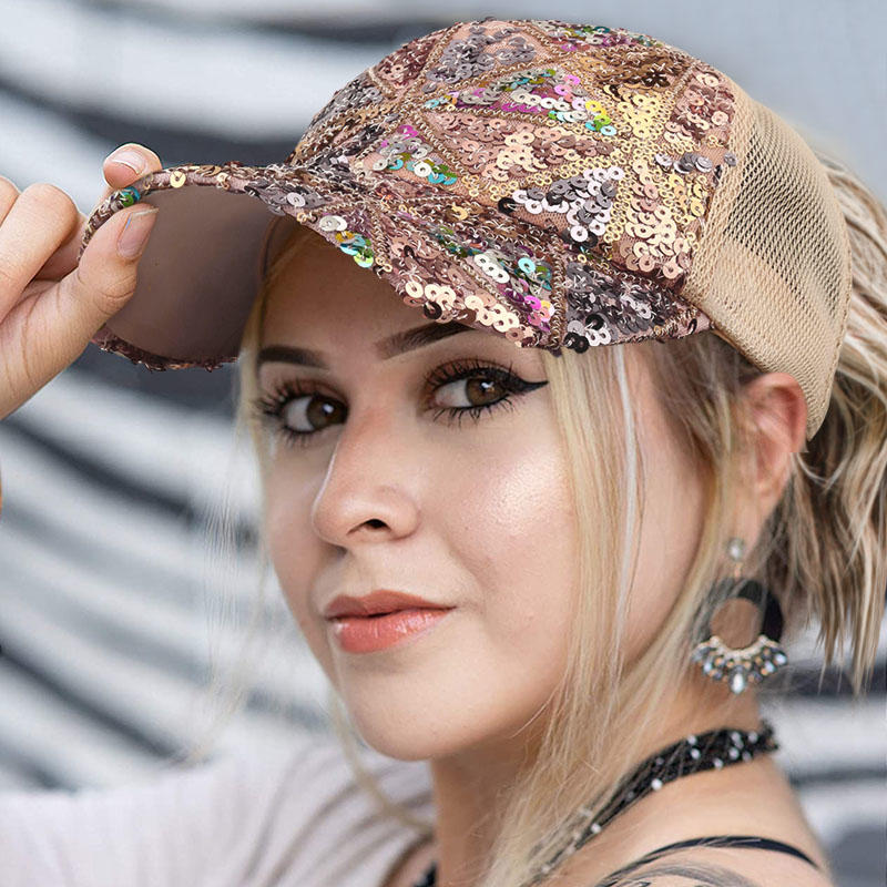 

Sequined Mesh Splicing Hollow Out Baseball Cap - Light Khaki, 498993