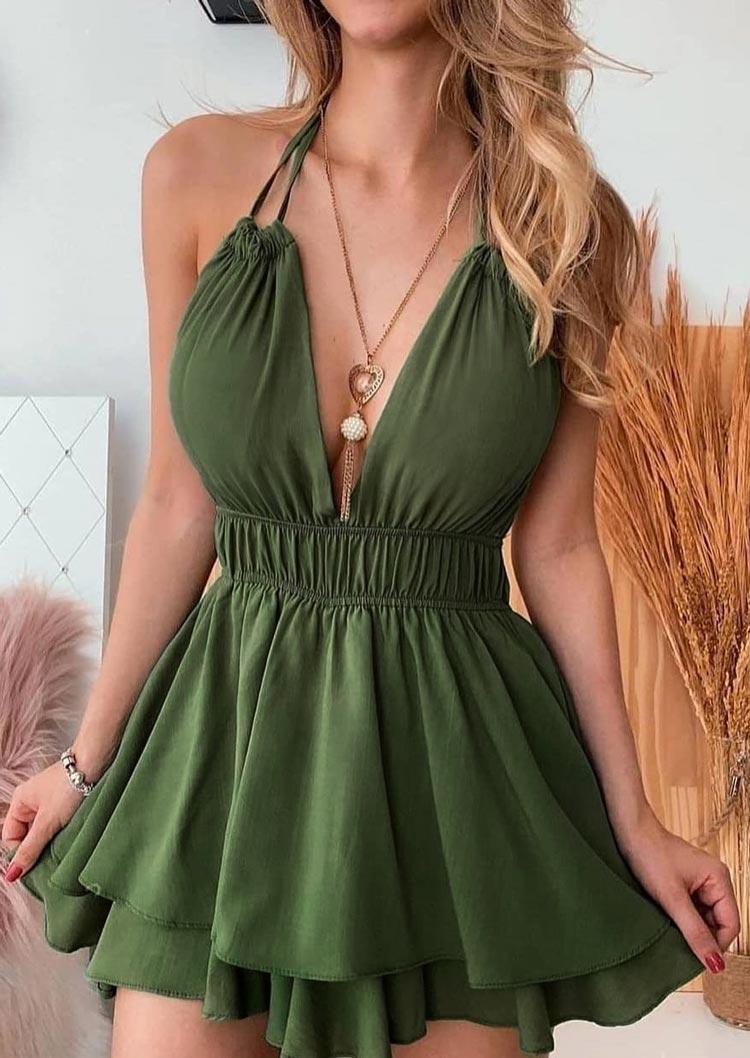 Ruffled Open Back Layered Elastic Waist Mini Dress - Army Green