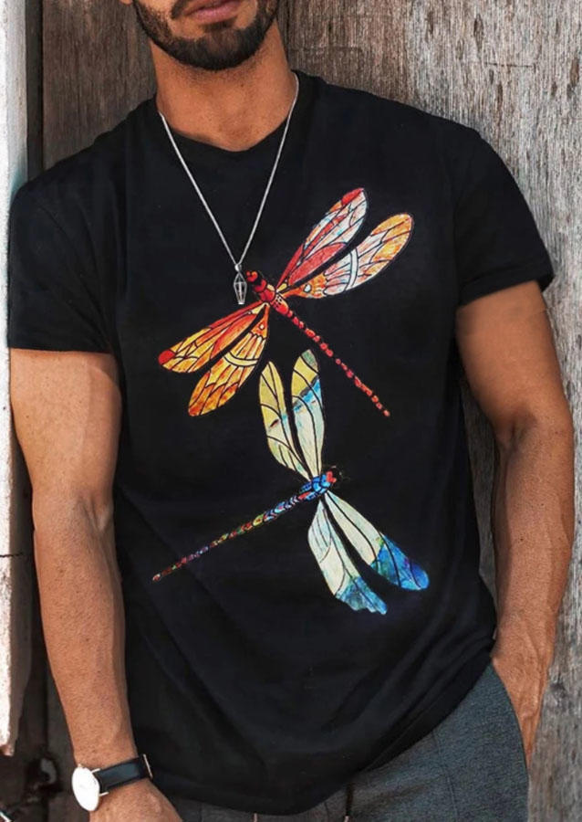 

Men Colorful Dragonfly O-Neck T-Shirt Tee - Black, 499206