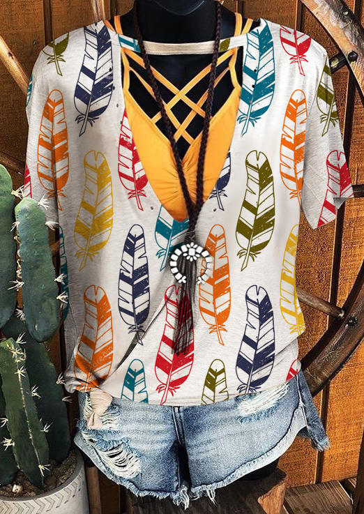 

Colorful Feather Hollow Out Blouse - White, 499262