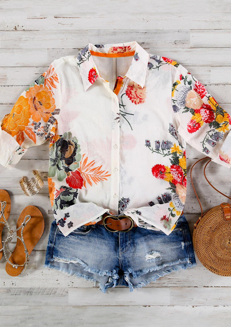 

Floral Button Short Sleeve Turn-Down Collar Shirt - White, 499306