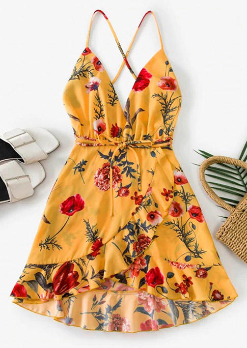 

Floral Open Back Wrap Elastic Waist Mini Dress - Yellow, 499345