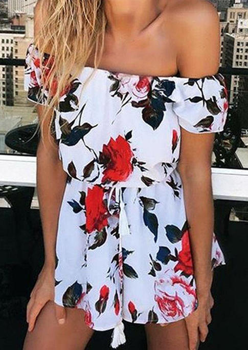 

Floral Off Shoulder Drawstring Romper - White, 499394