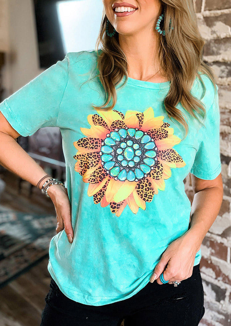 

Leopard Turquoise Sunflower O-Neck T-Shirt Tee - Cyan, Blue, 499045