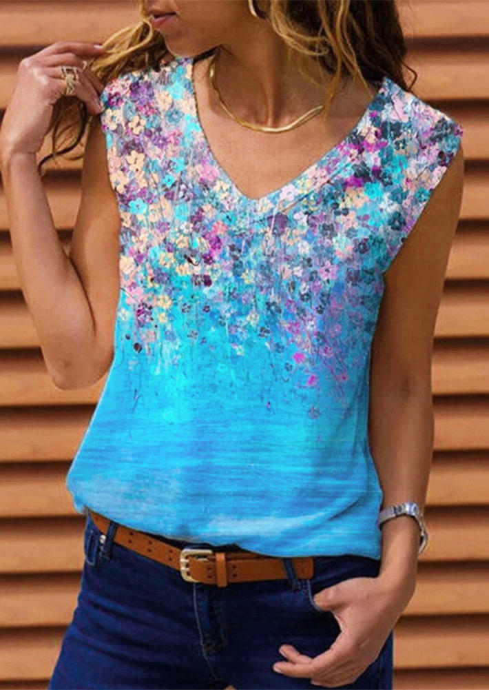 

Floral V-Neck Casual Tank - Blue, 499078