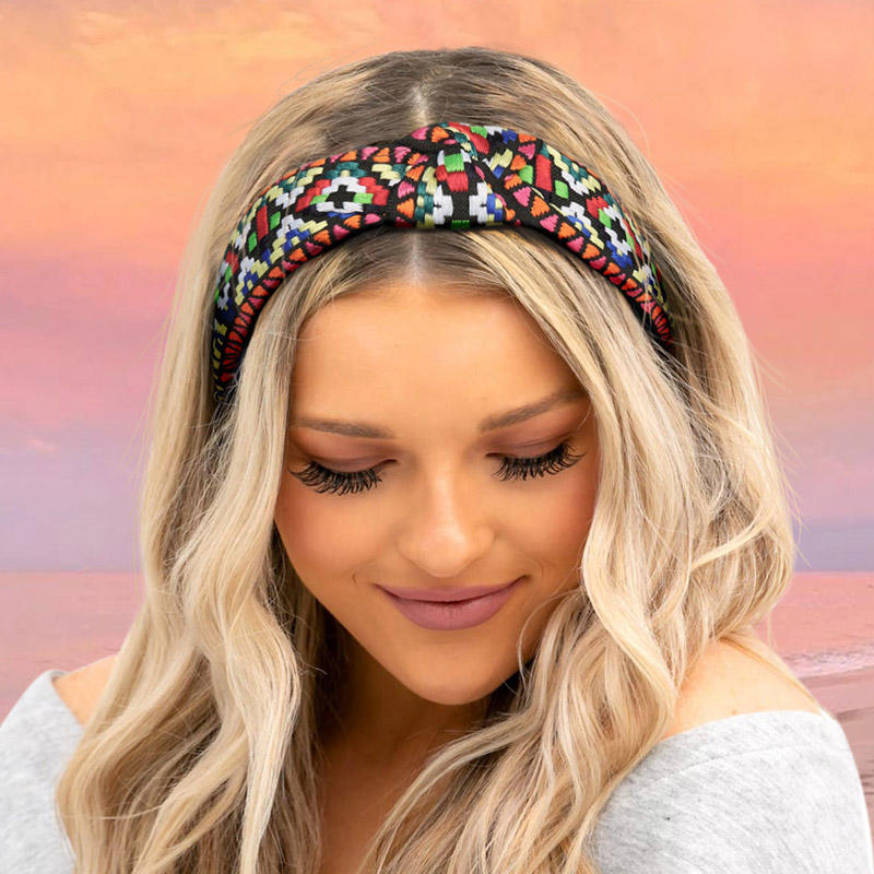 

Colorful Geometric Knotted Lace Wide Headband, Multicolor, 499104