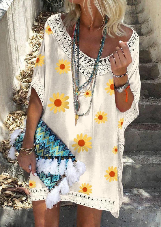 

Sunflower Lace Splicing Batwing Sleeve V-Neck Mini Dress - White, 499300