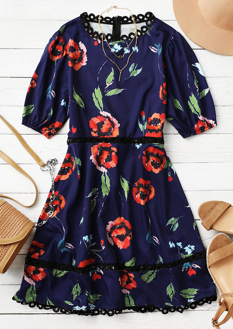 Lace Splicing Floral Mini Dress - Navy Blue