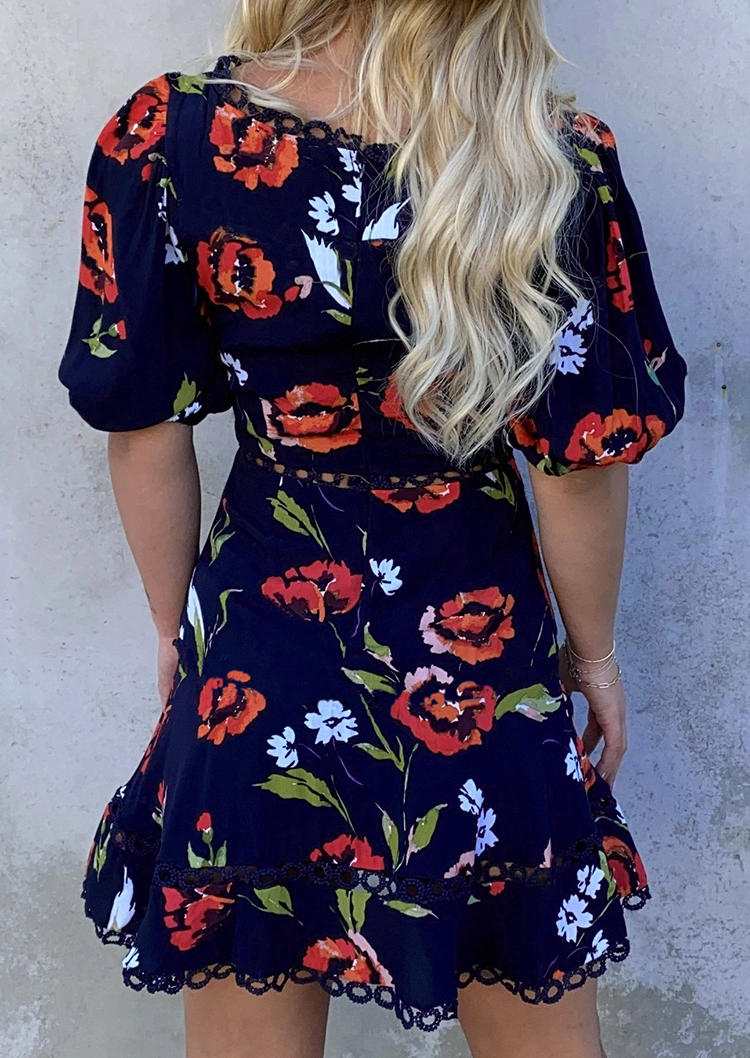 Lace Splicing Floral Mini Dress - Navy Blue