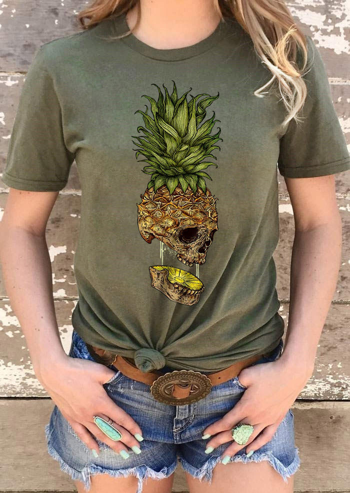 

Pineapple Skull O-Neck T-Shirt Tee - Army Green, 499355