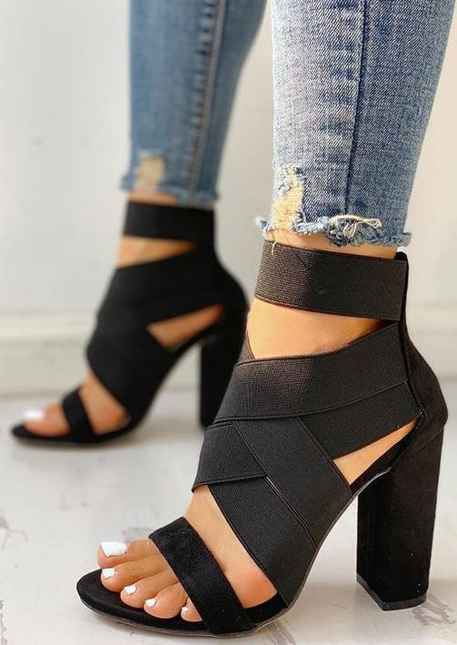 

Criss-Cross Elastic Band Heeled Sandals - Black, 499423
