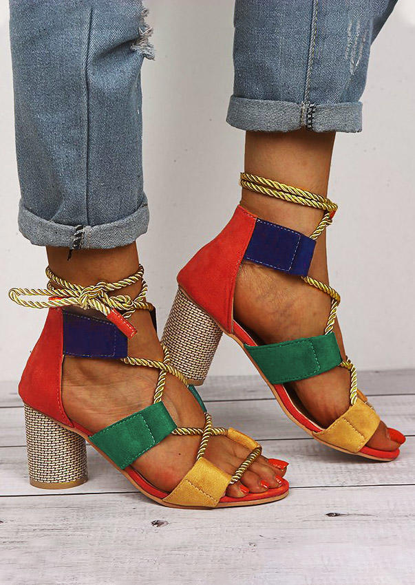 

Color Block Lace Up Peep Toe High-Heeled Sandals, Multicolor, 498973