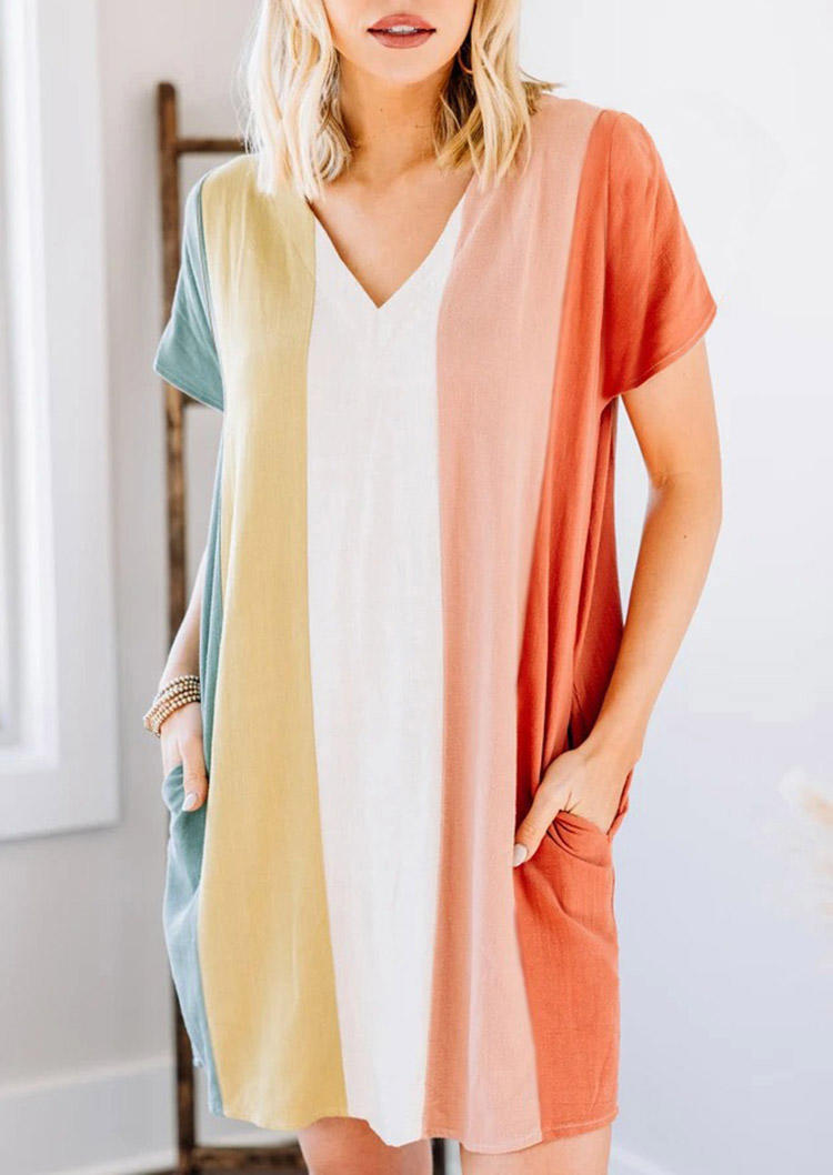 

Colorful Vertical Striped Pocket V-Neck Mini Dress, Multicolor, 499326