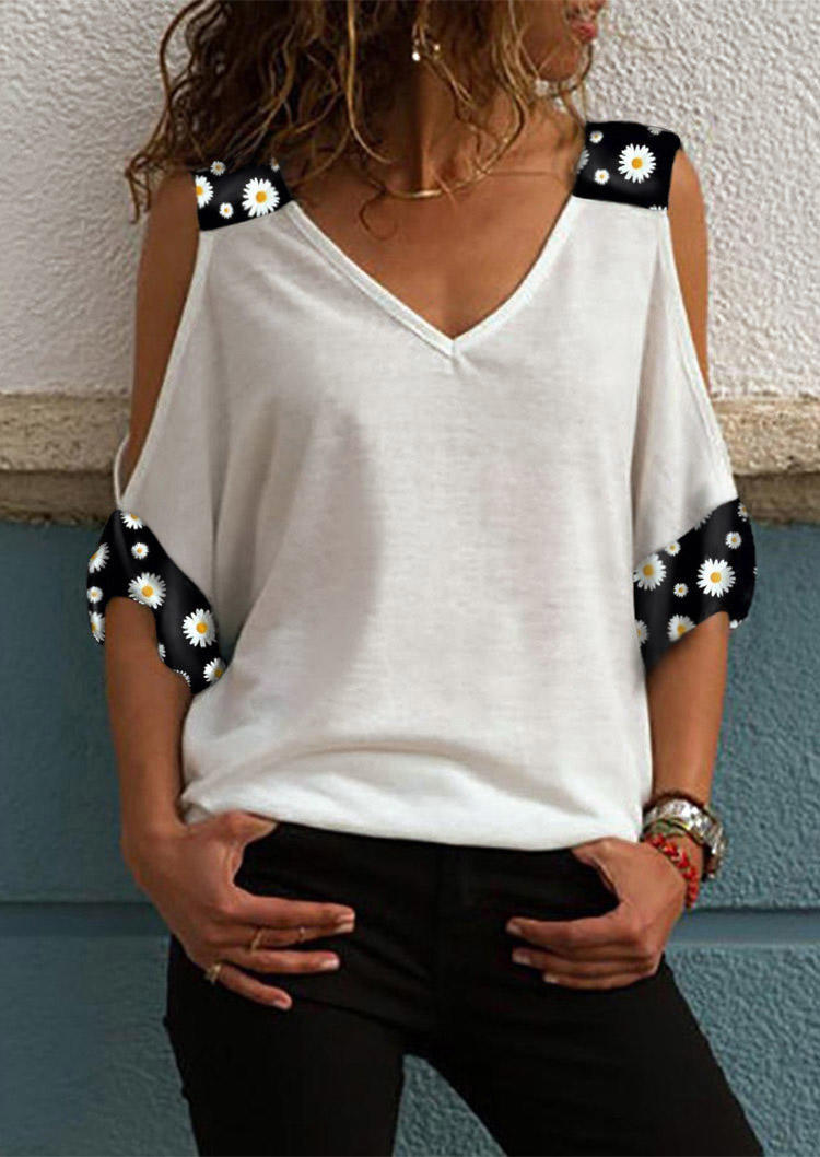 

Daisy Splicing Cold Shoulder V-Neck Blouse - White, 499358