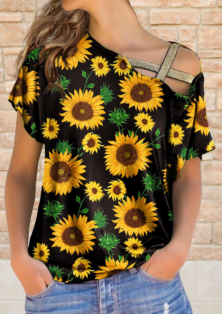 

Sunflower Criss-Cross Glitter Slash Neck Blouse - Black, 499436