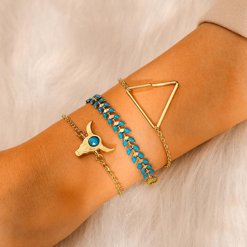 

3Pcs Steer Skull Wheat Triangle Bracelet Set - Gold, 499506