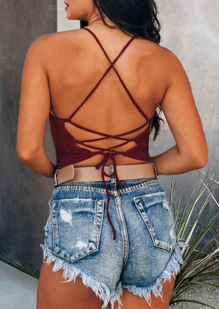 

Open Back Lace Up Spaghetti Strap Crop Top - Burgundy, 499512