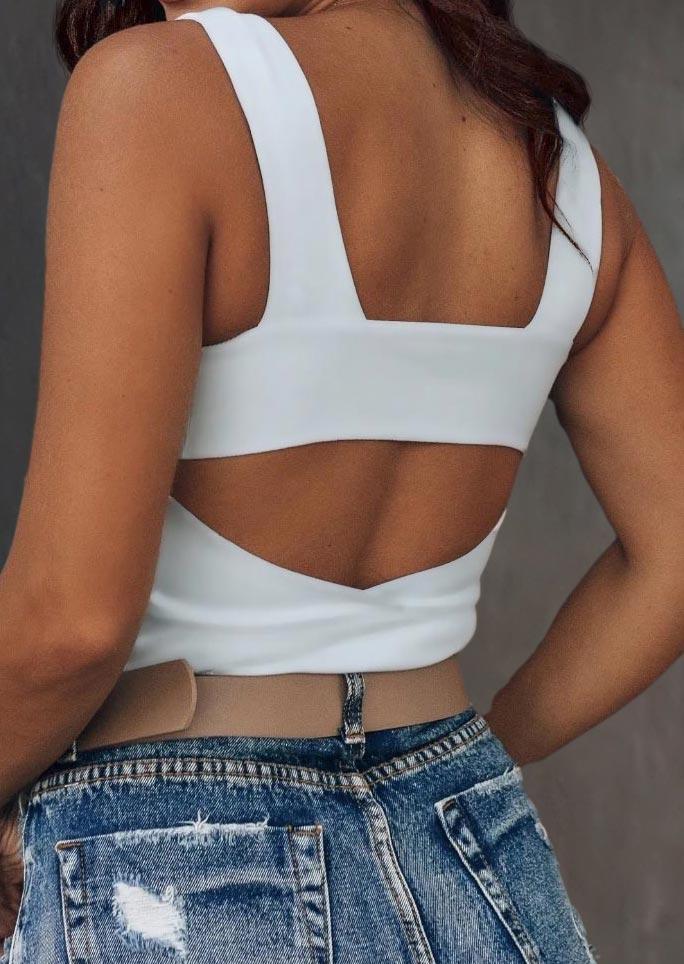 

Open Back Square Collar Crop Top - White, 499542