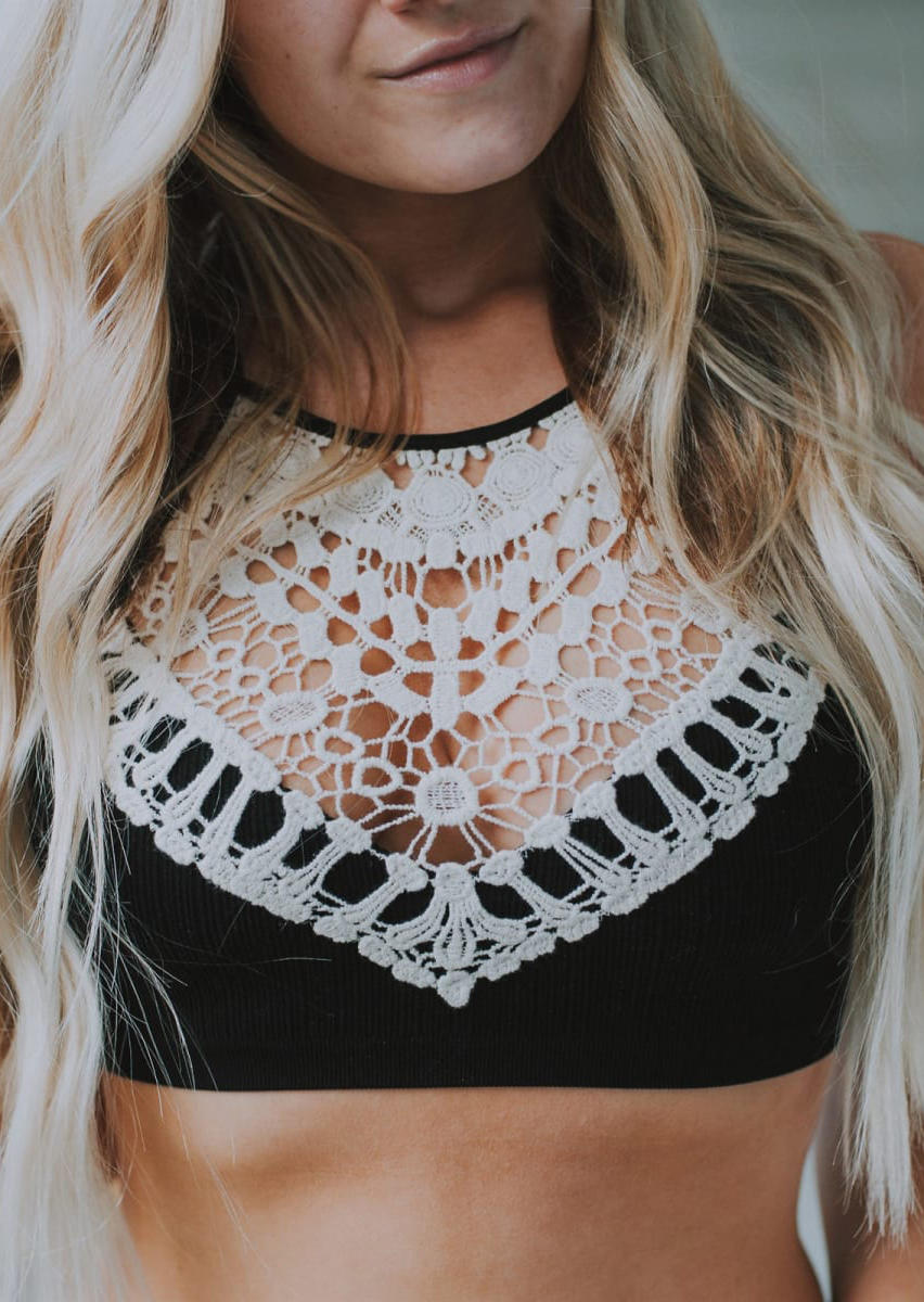 Hollow Out Lace Splicing Open Back Crop Top - Black, 499625