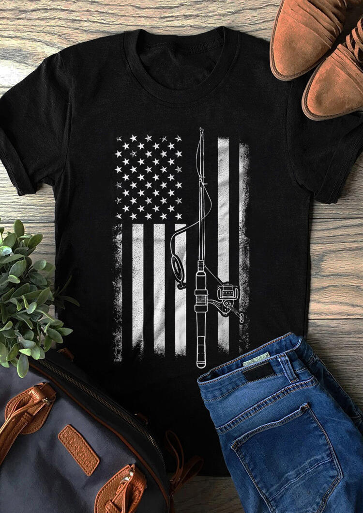 

American Flag Striped Star Fishing Rod T-Shirt Tee - Black, 499634