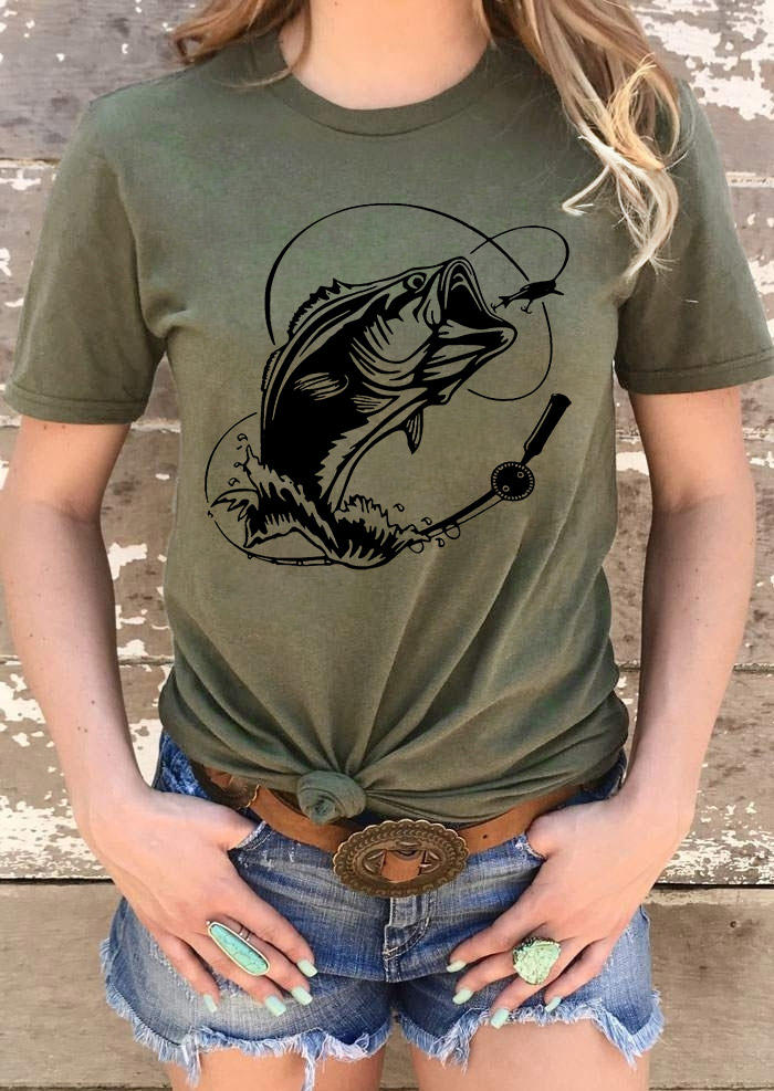 

Bass Fishing O-Neck T-Shirt Tee - Army Green, 499711