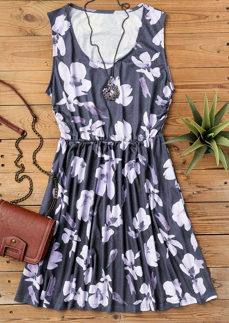 Floral Ruffled Pocket Sleeveless Mini Dress - Gray