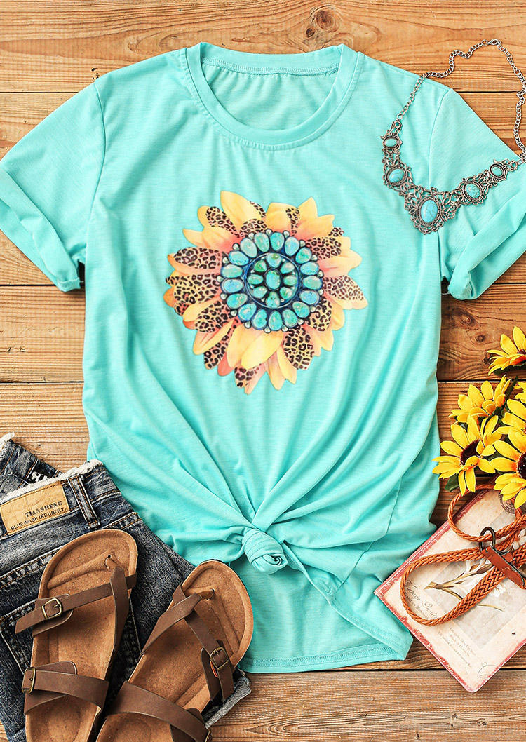 Leopard Turquoise Sunflower O-Neck T-Shirt Tee - Cyan