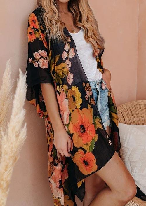 

Shady Beach Floral Batwing Sleeve Cardigan - Black, 499357