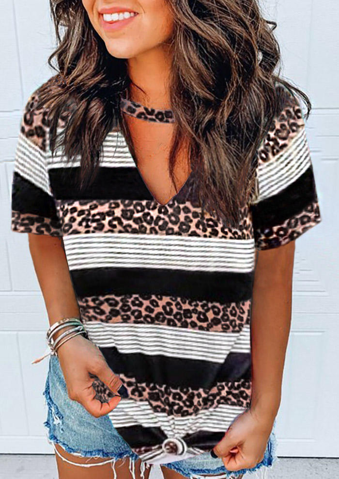 

Leopard Striped Hollow Out Casual Blouse, Multicolor, 499444
