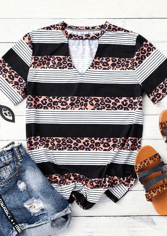 Leopard Striped Hollow Out Casual Blouse