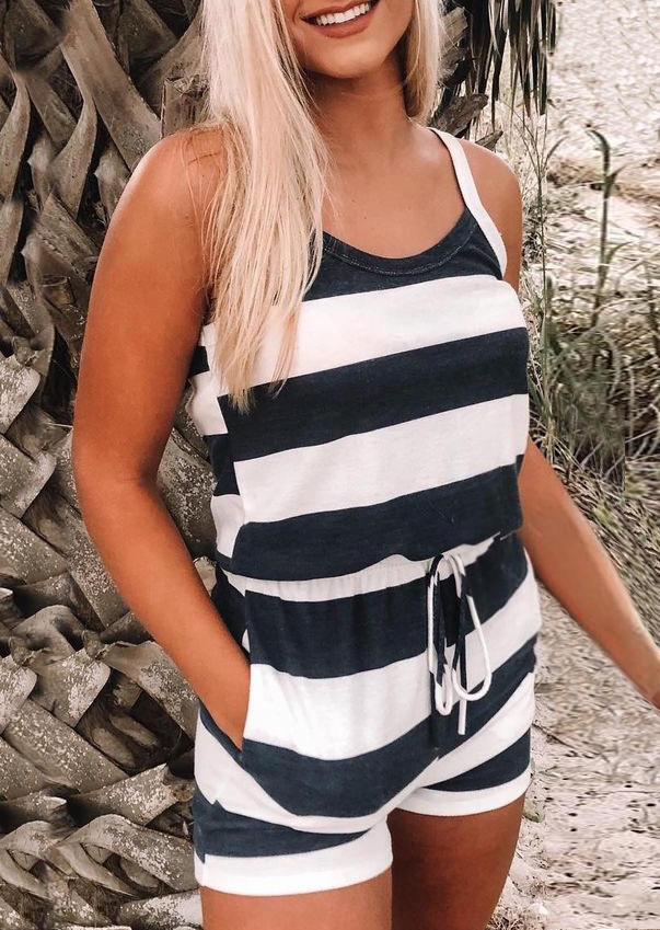 

Striped Drawstring Pocket Sleeveless Romper, Stripe, 499579