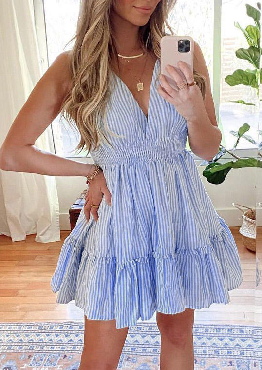 Striped Ruffled Elastic Waist V-Neck Mini Dress