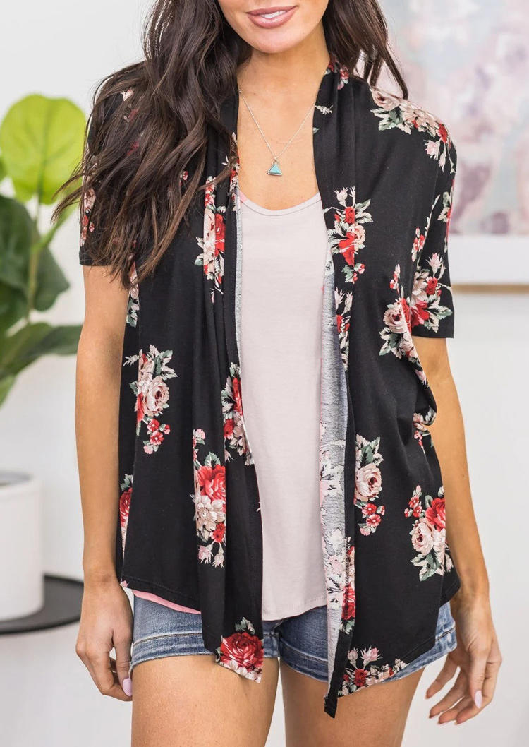 

Floral Asymmetric Open Front Cardigan - Black, 499643