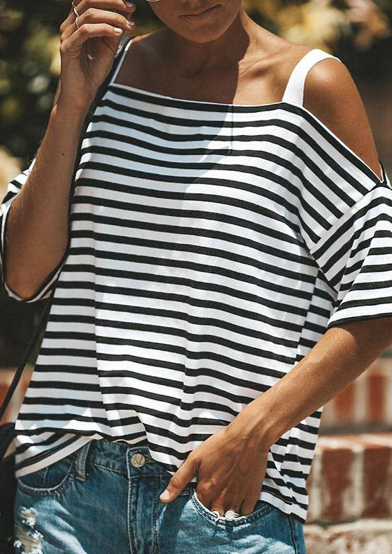 

Striped Cold Shoulder Casual Blouse, Stripe, 499656