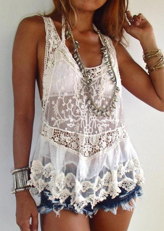 

Floral Lace Sleeveless Tank - White, 499670
