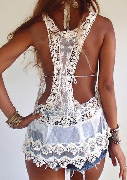 Floral Lace Sleeveless Tank - White