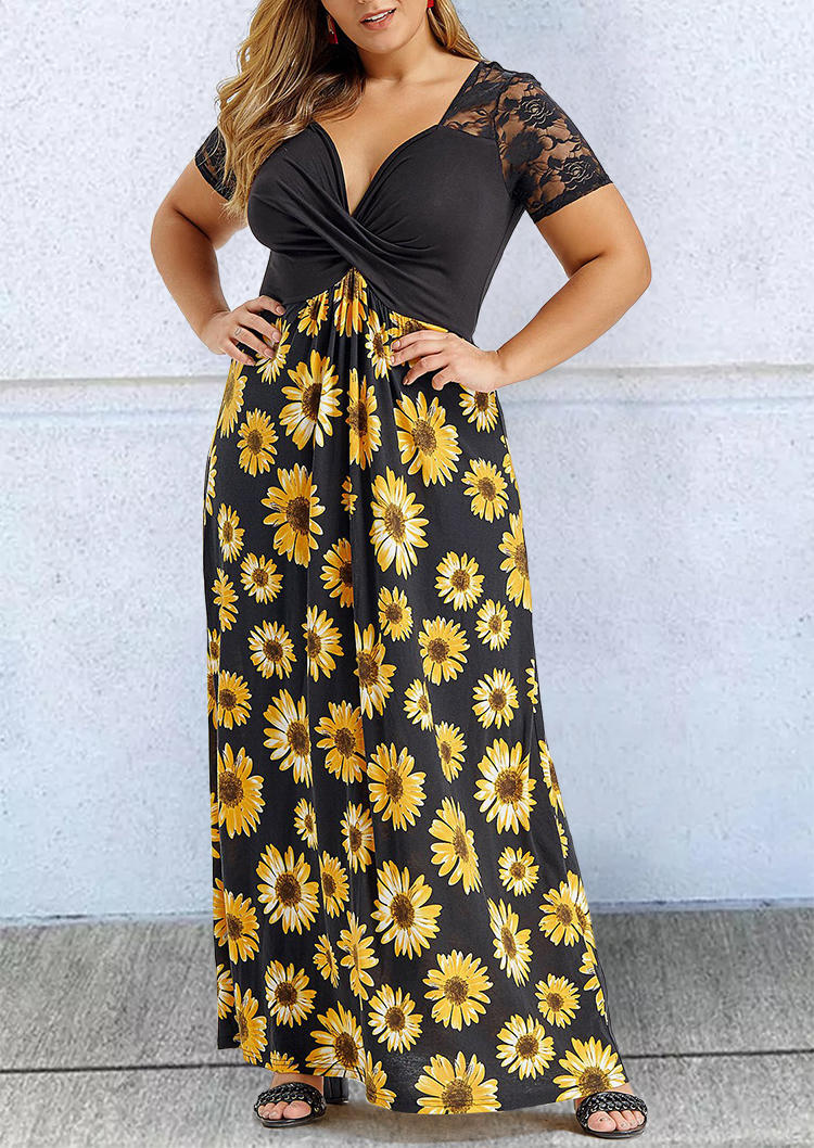 

Plus Size Sunflower Lace Ruffled Maxi Dress - Black, 499679
