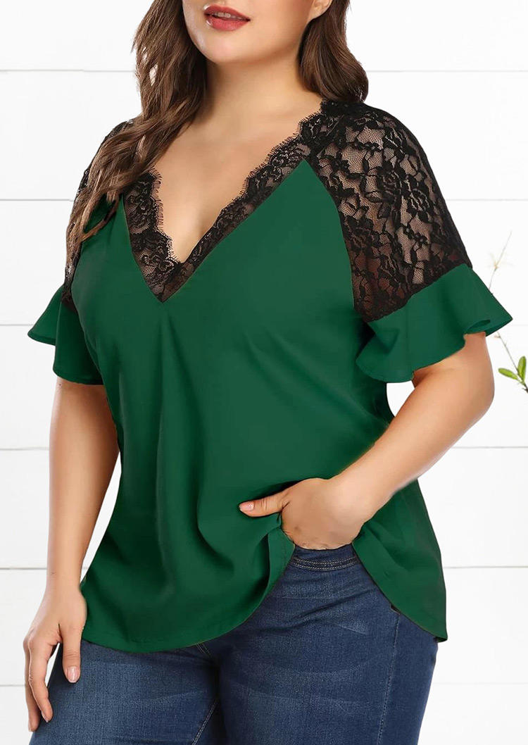 

Plus Size Lace Splicing Raglan Sleeve V-Neck Blouse - Green, 499718