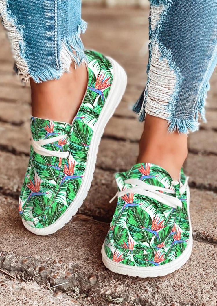 

Palm Leaf Round Toe Flat Sneakers - Green, 499752