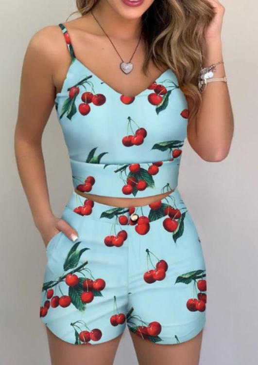 

Cherry Spaghetti Strap Crop Top And Pocket Shorts Set - Lake Blue, 499779