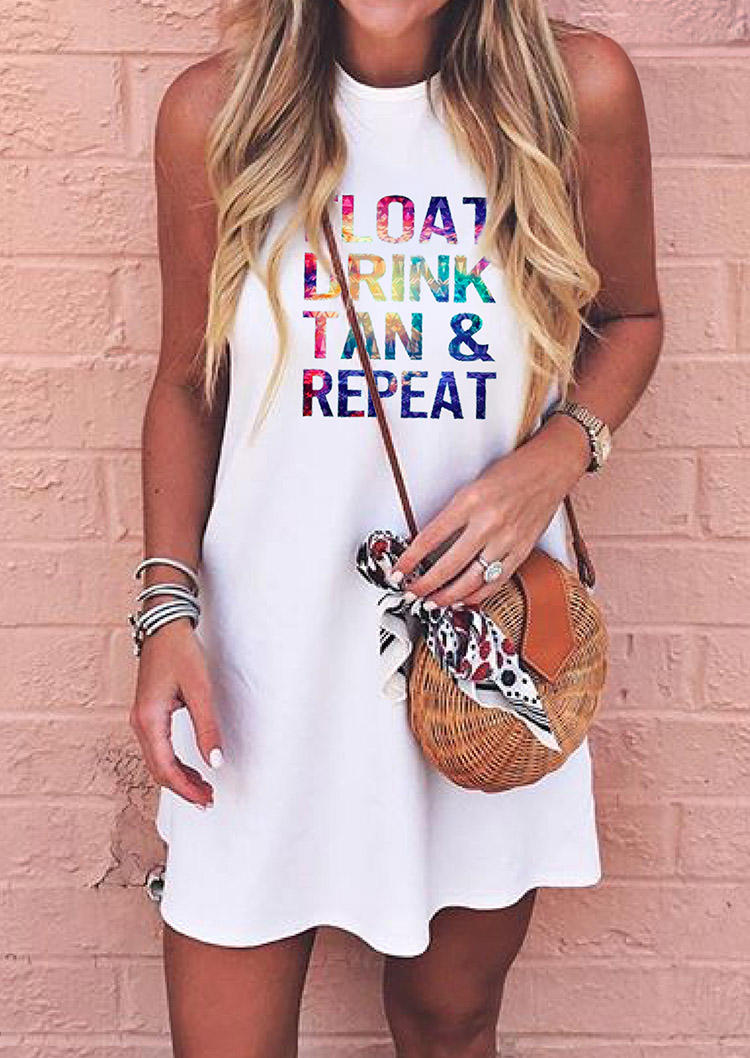 

Float Drink Tan & Repeat Sleeveless Mini Dress - White, 499780