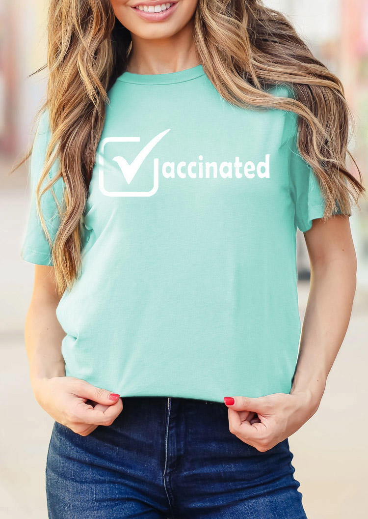 Vaccinated Short Sleeve O-Neck T-Shirt Tee - Cyan