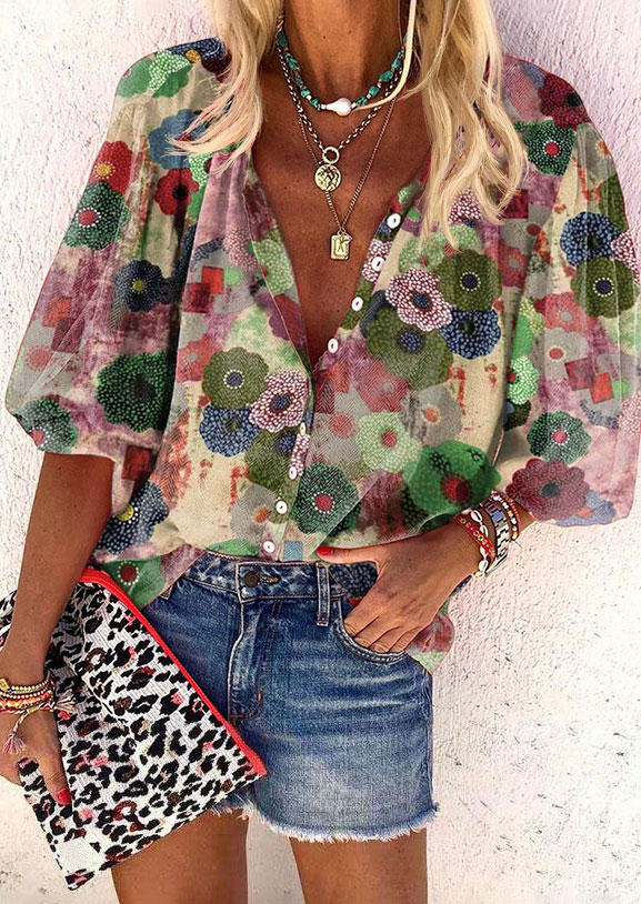 

Vintage Floral Button Elastic Cuff Blouse, Multicolor, 499499