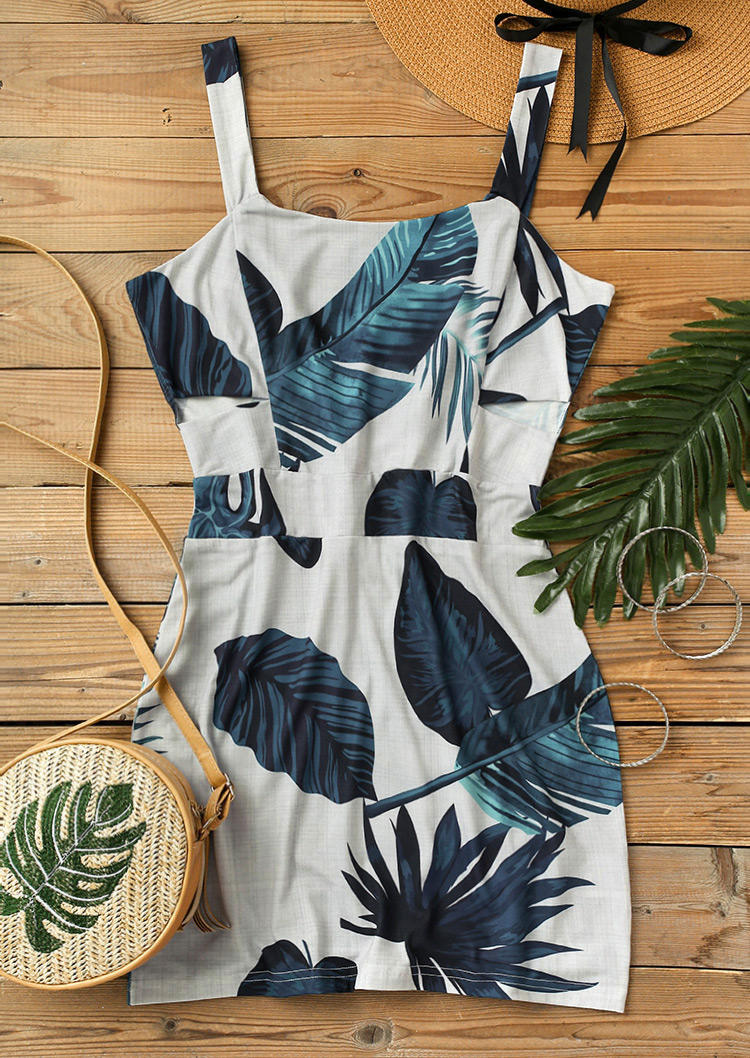 Palm Leaf Spaghetti Strap Bodycon Dress