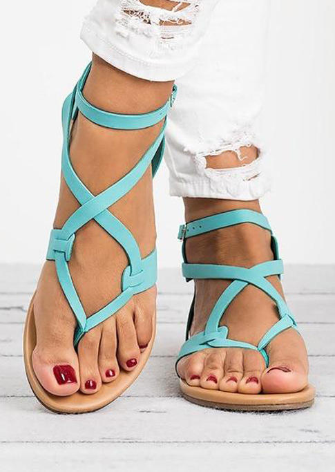 

Hollow Out Cross Strap Flip Flop Flat Sandals - Cyan, 499826