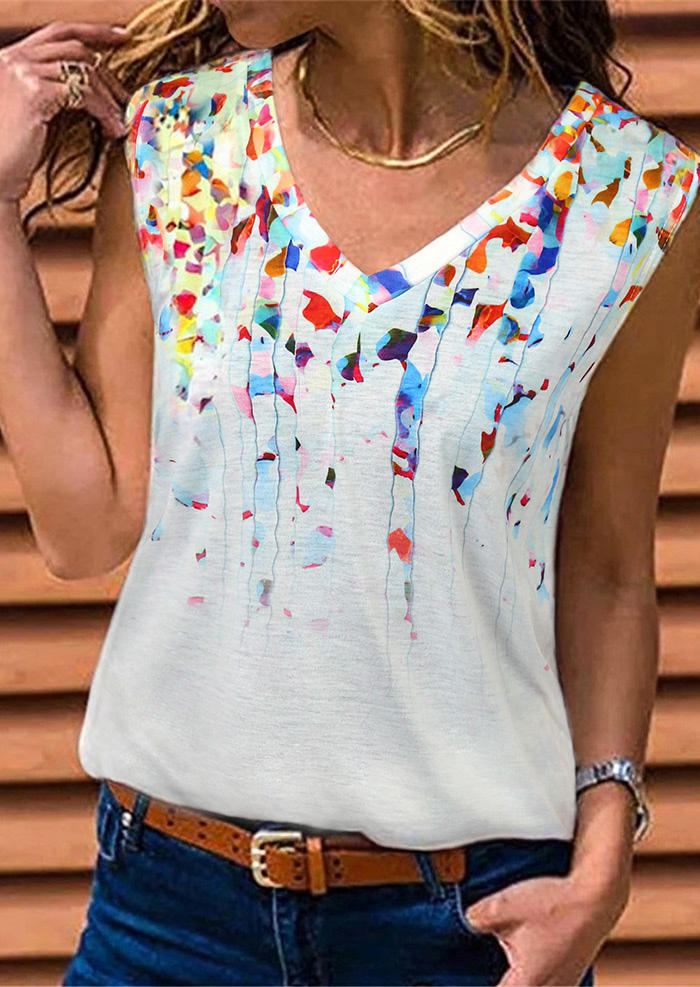 

Floral Sleeveless V-Neck Casual Tank - White, 499529
