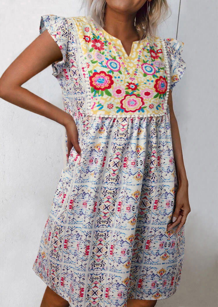 

Vintage Floral Cap Sleeve Casual Dress - White, 499570