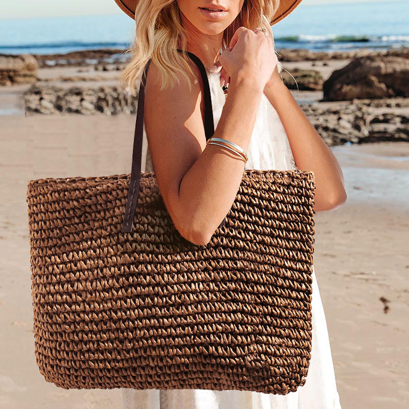 

Summer Straw Crochet Beach Handbag, Coffee, 499830