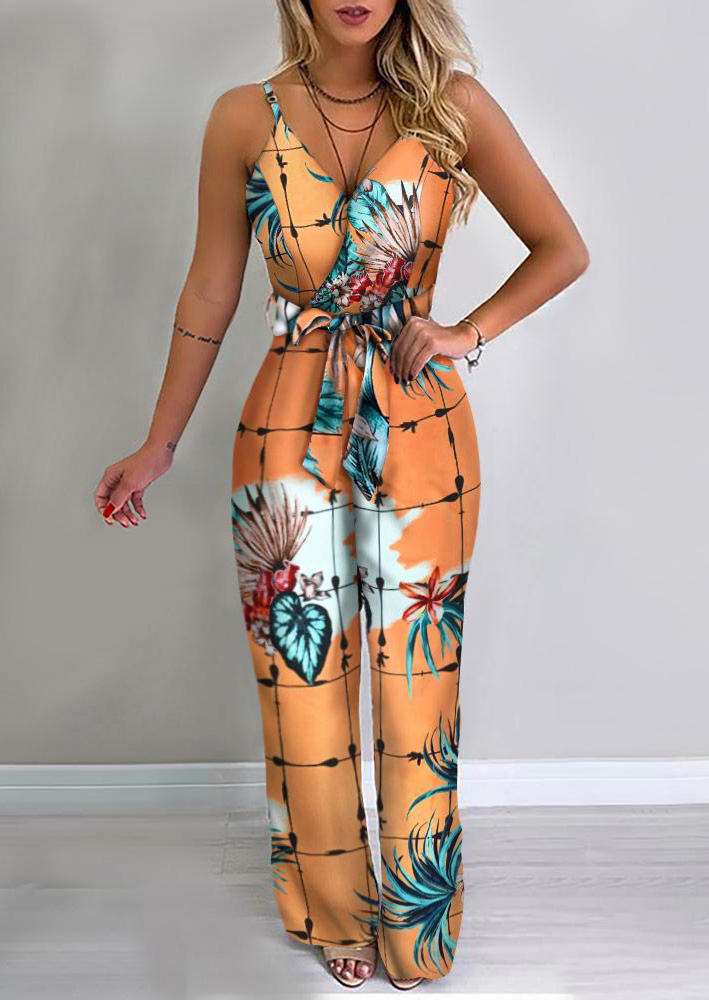 

Floral Palm Leaf Adjustable Strap Wide Leg Jumpsuit - Orange, 499976