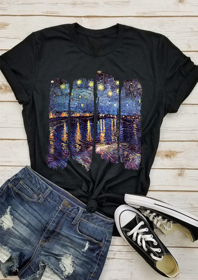 

Van Gogh Starry Night O-Neck T-Shirt Tee - Black, 500111